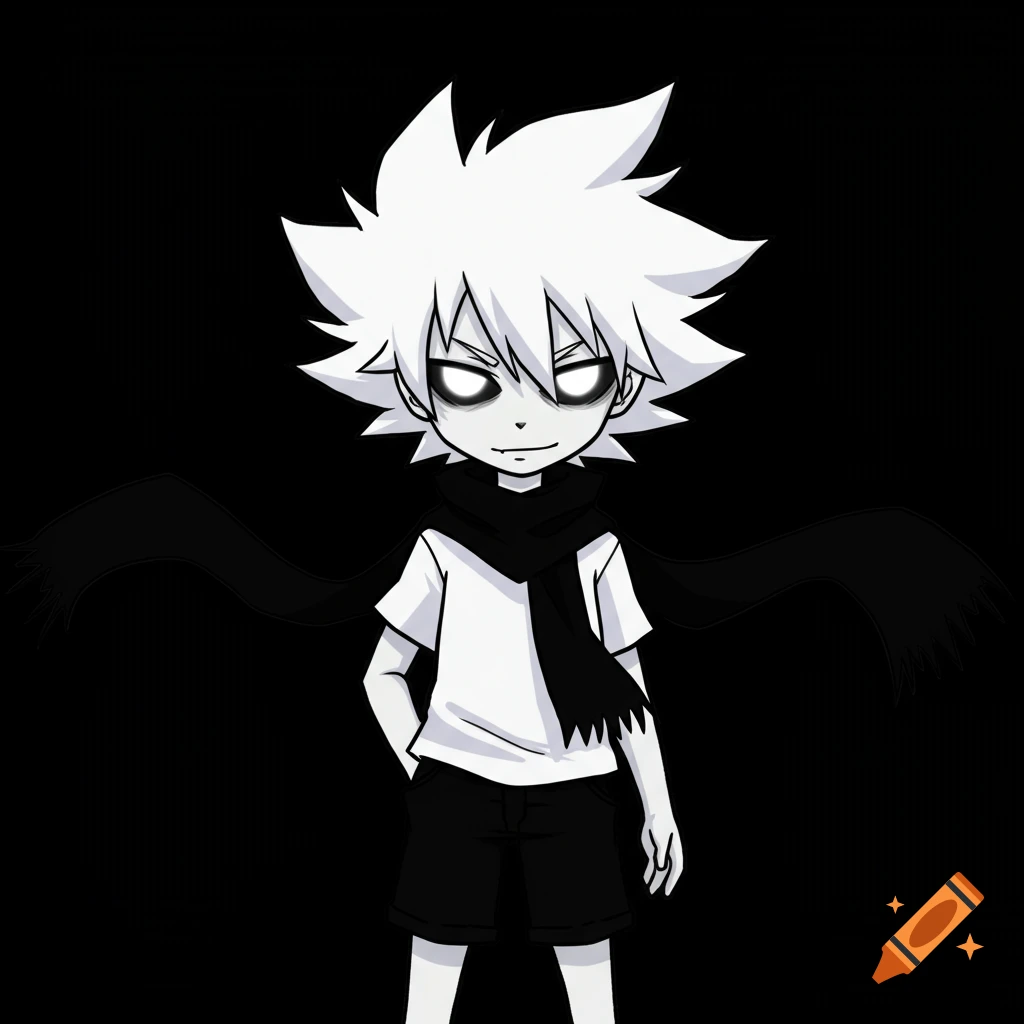 A black and white anime character with spiky white hair, glowing white eyes, a black scarf, white shirt, and black shorts, standing against a black background.