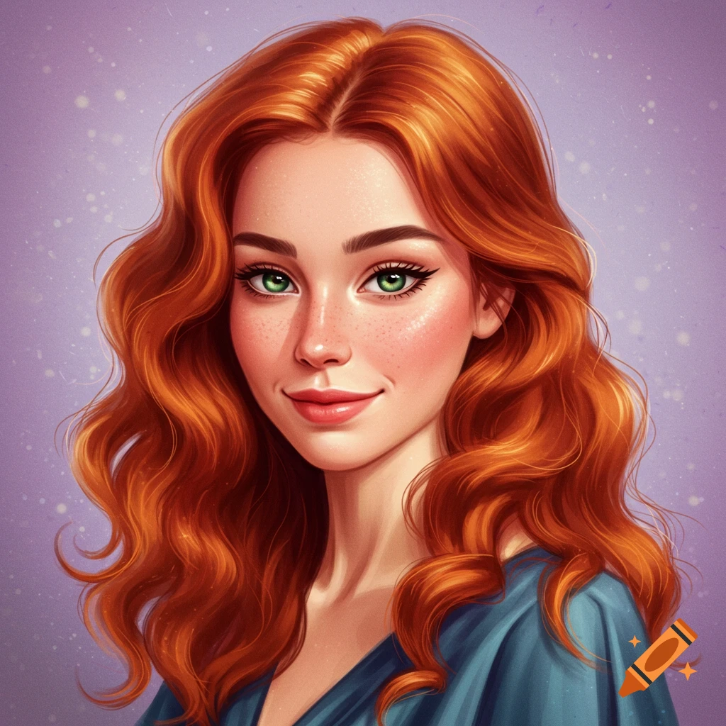 Painting of a woman with long red hair and green eyes