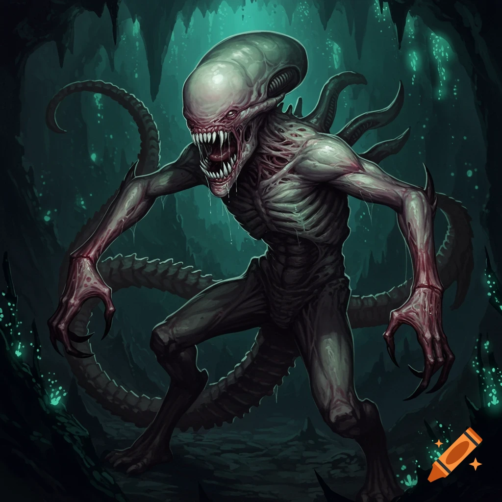 A scary alien creature with large teeth and claws, standing in a dark cave.