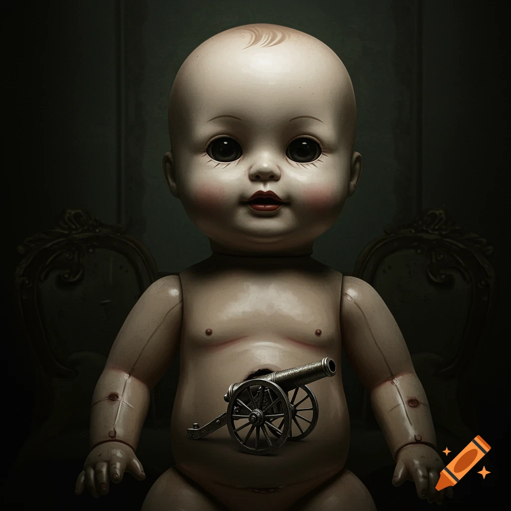 A creepy porcelain doll with a miniature cannon embedded in its belly, depicted in a dark scene.
