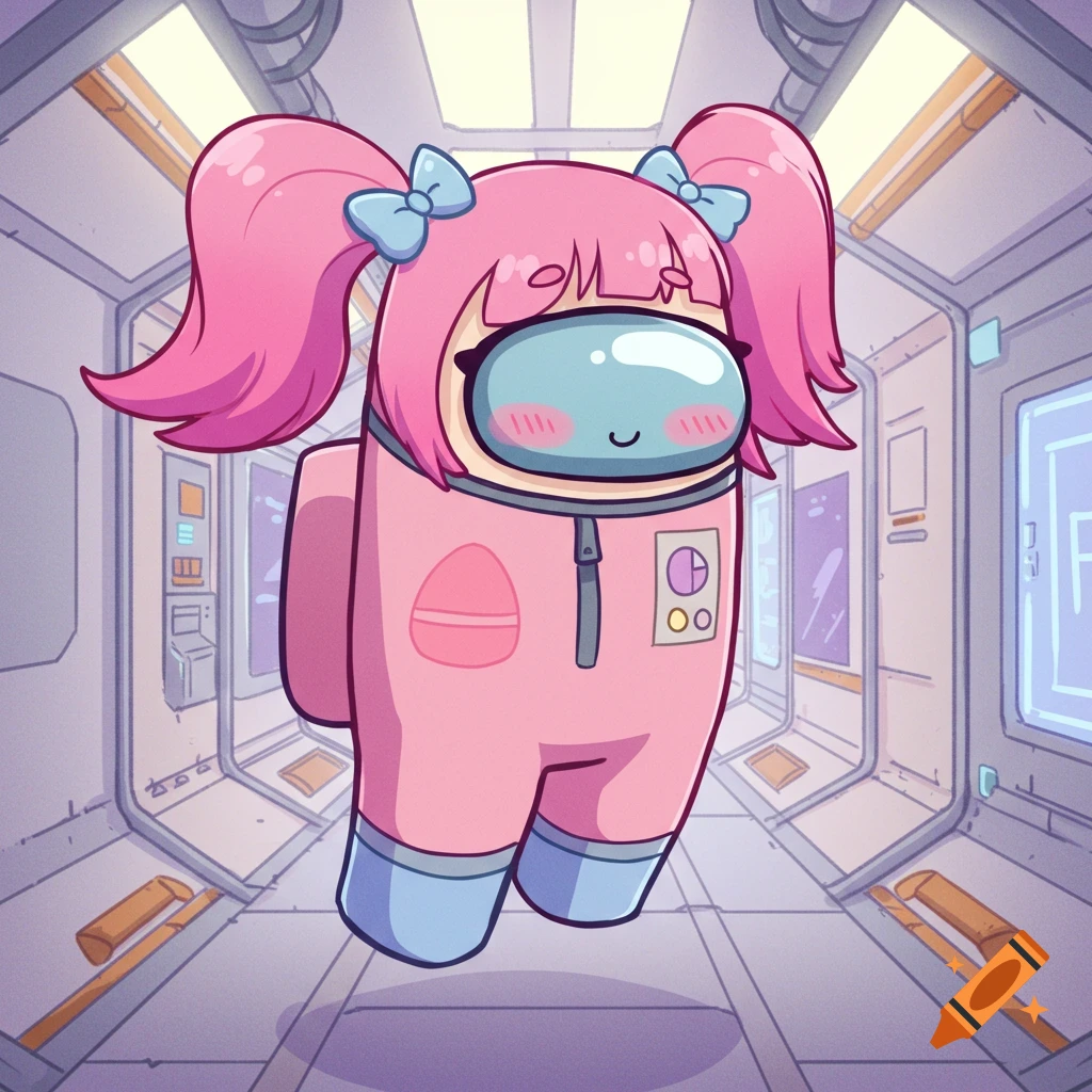 A pink Among Us character with pink anime hair and blue bows stands in a spaceship corridor.