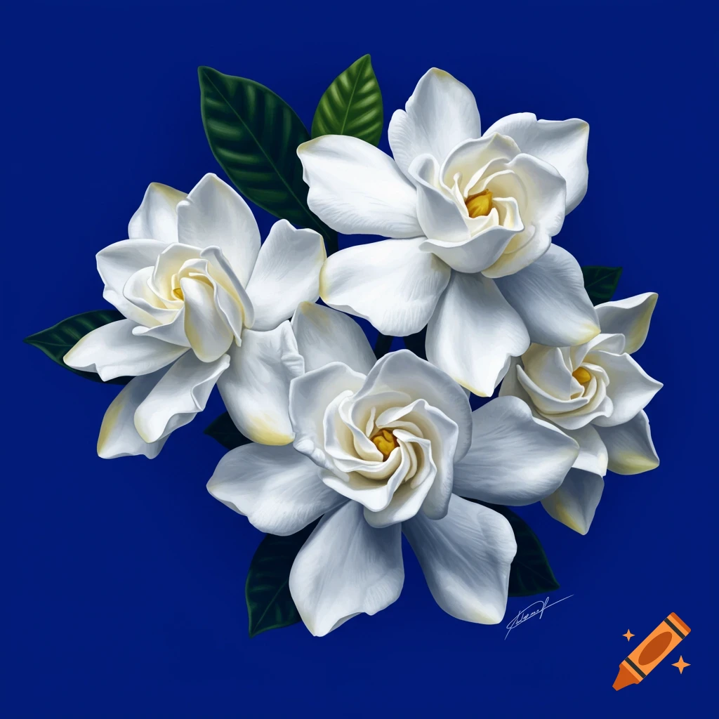 White gardenias with green leaves on a royal blue background.