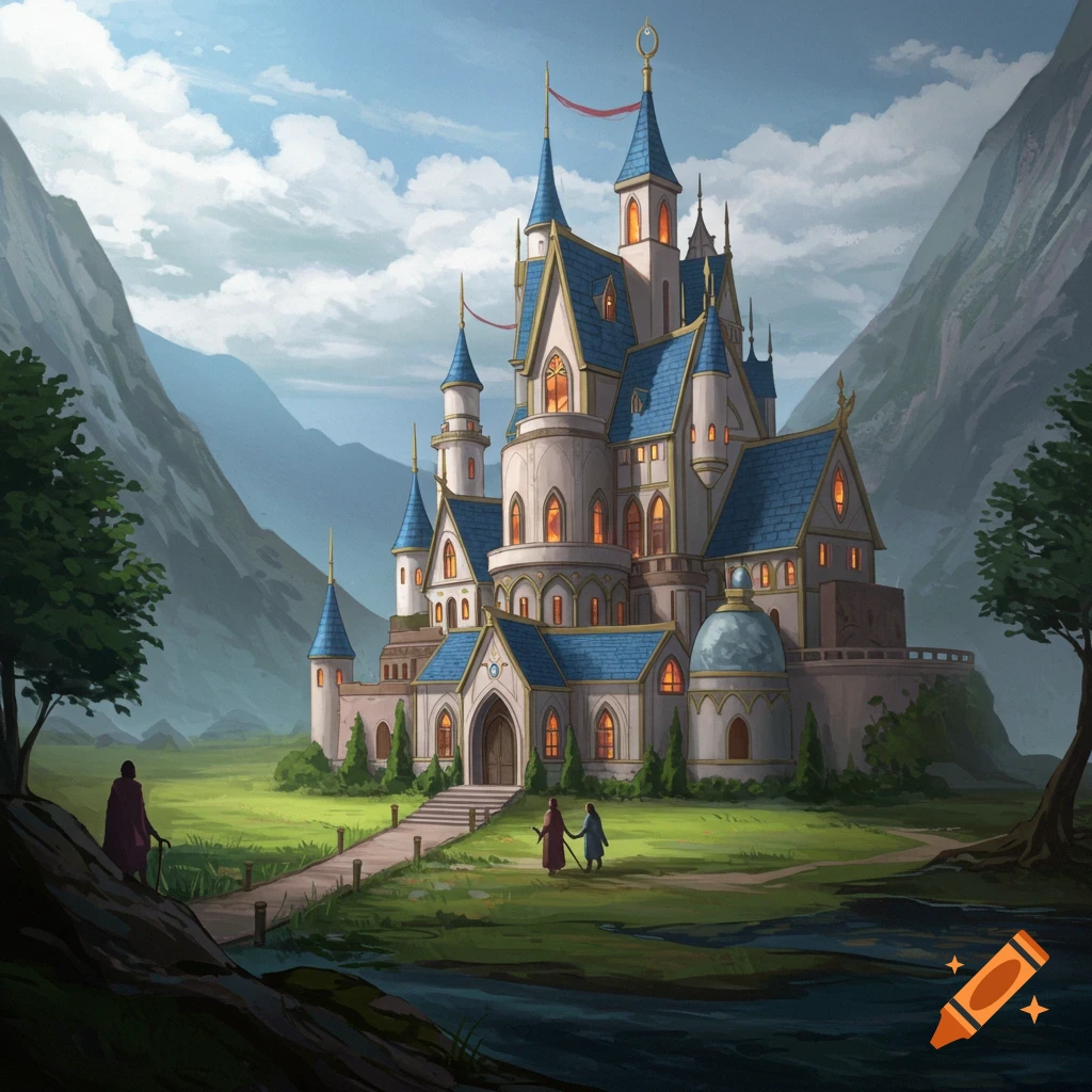 A grand fantasy castle in a mountain valley with figures walking towards it.