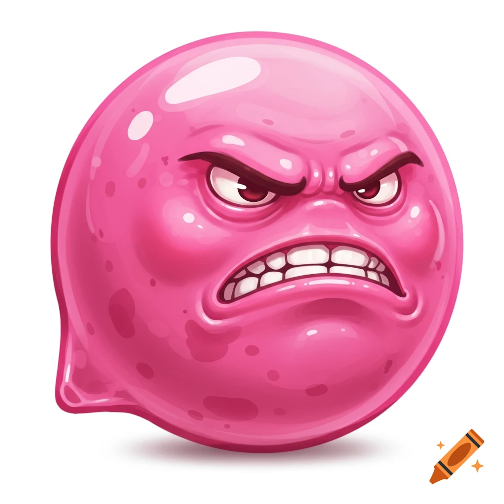 Cartoon illustration of an angry pink bubble face.