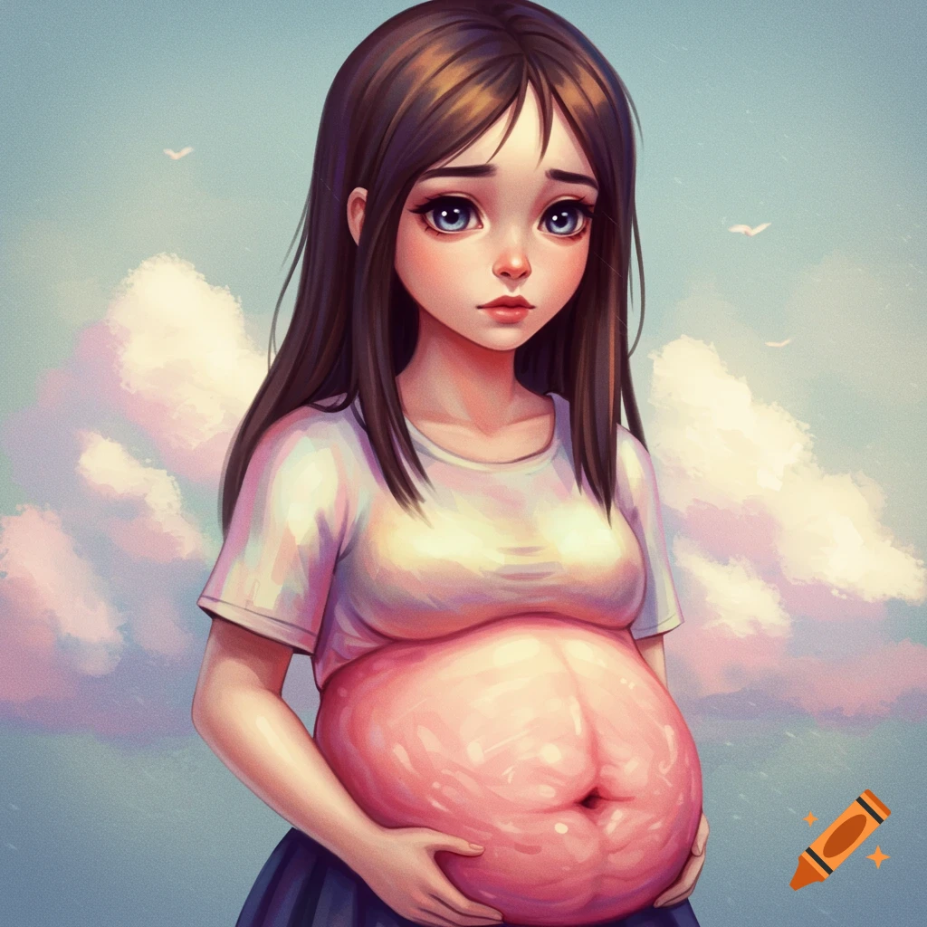 Surreal image of a young girl with an extraordinarily large, smooth stomach.