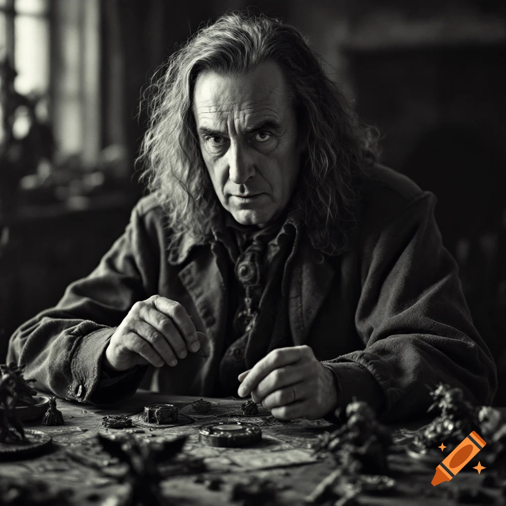 Black and white photo of a man resembling JRR Tolkien sitting at a table with game pieces.