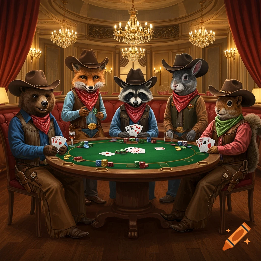 Anthropomorphic animals in cowboy hats playing poker at a table in a salon.