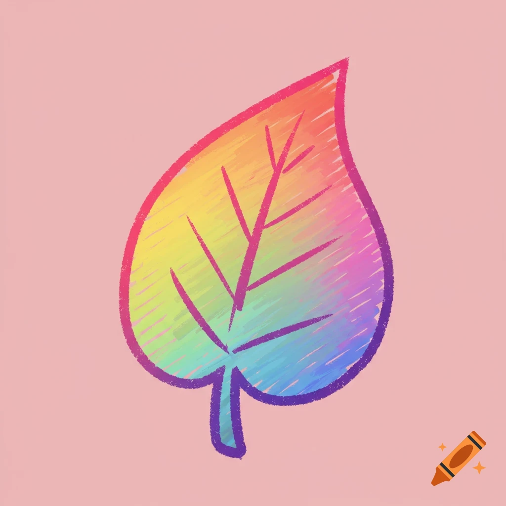 A crayon drawing of a rainbow-colored leaf on a pink background.