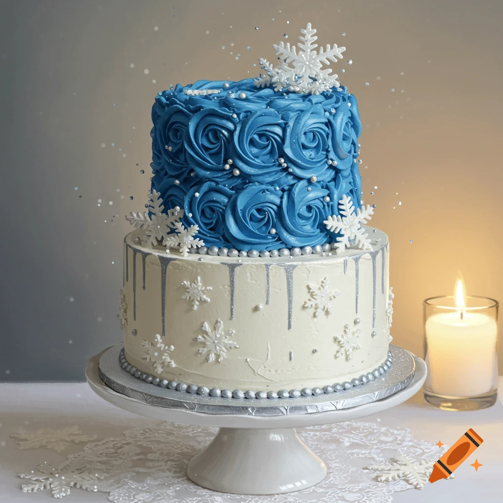 Two-tiered cake decorated with blue buttercream roses, silver drip icing, white snowflakes, and silver beads. A candle burns beside it.