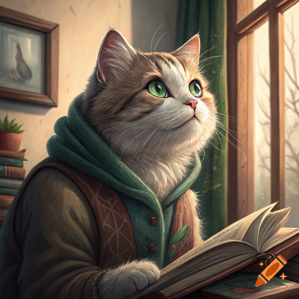 A cat wearing a green hoodie and vest looks up while reading a large book near a window