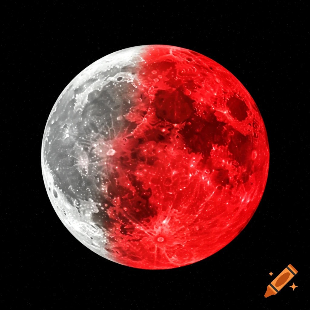 A full moon split between normal gray and red, against a starry black background.