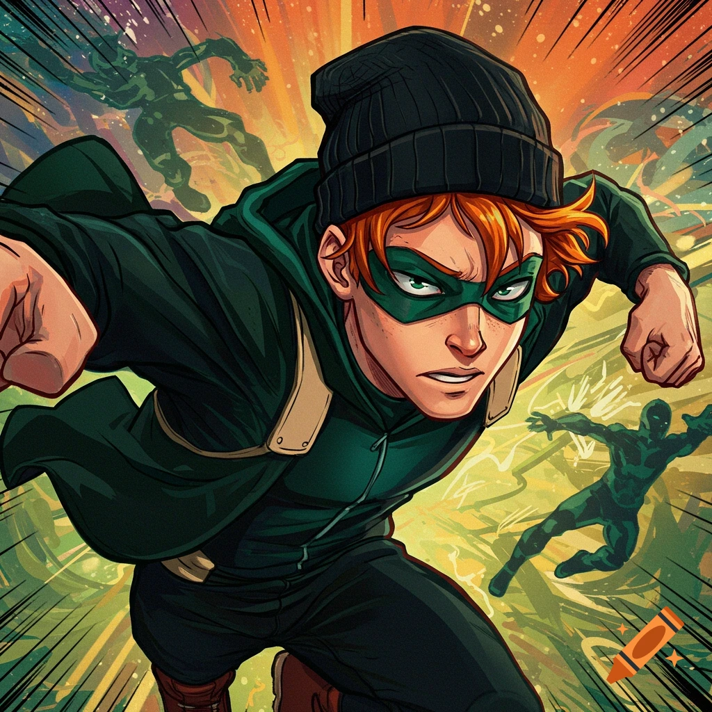 Comic book of a red-haired guy in a green mask and black beanie punching forward in an action scene with background figures.