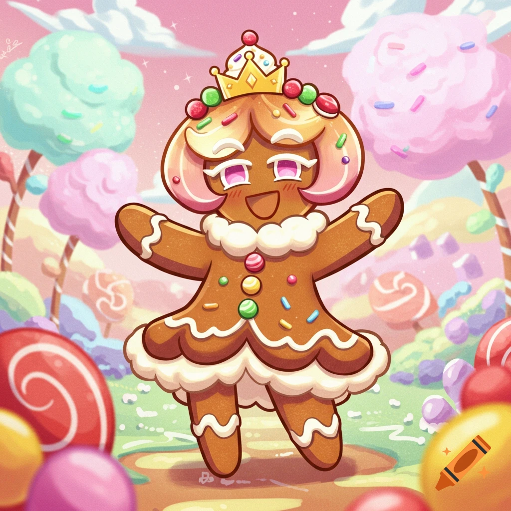 Happy gingerbread cookie character with a crown in a candy landscape.