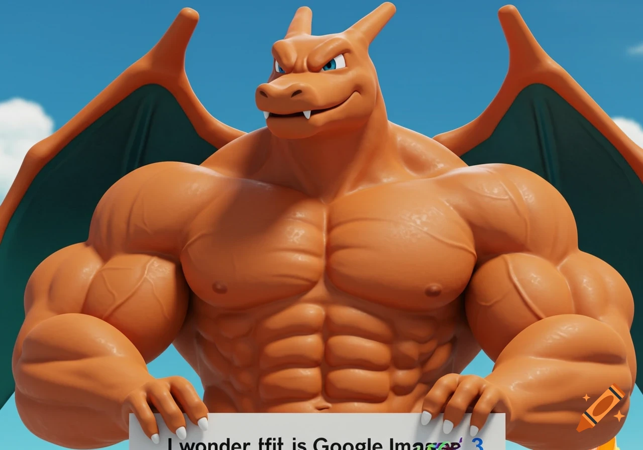 A very muscular Charizard in 3D CGI style holding a sign against a blue sky.
