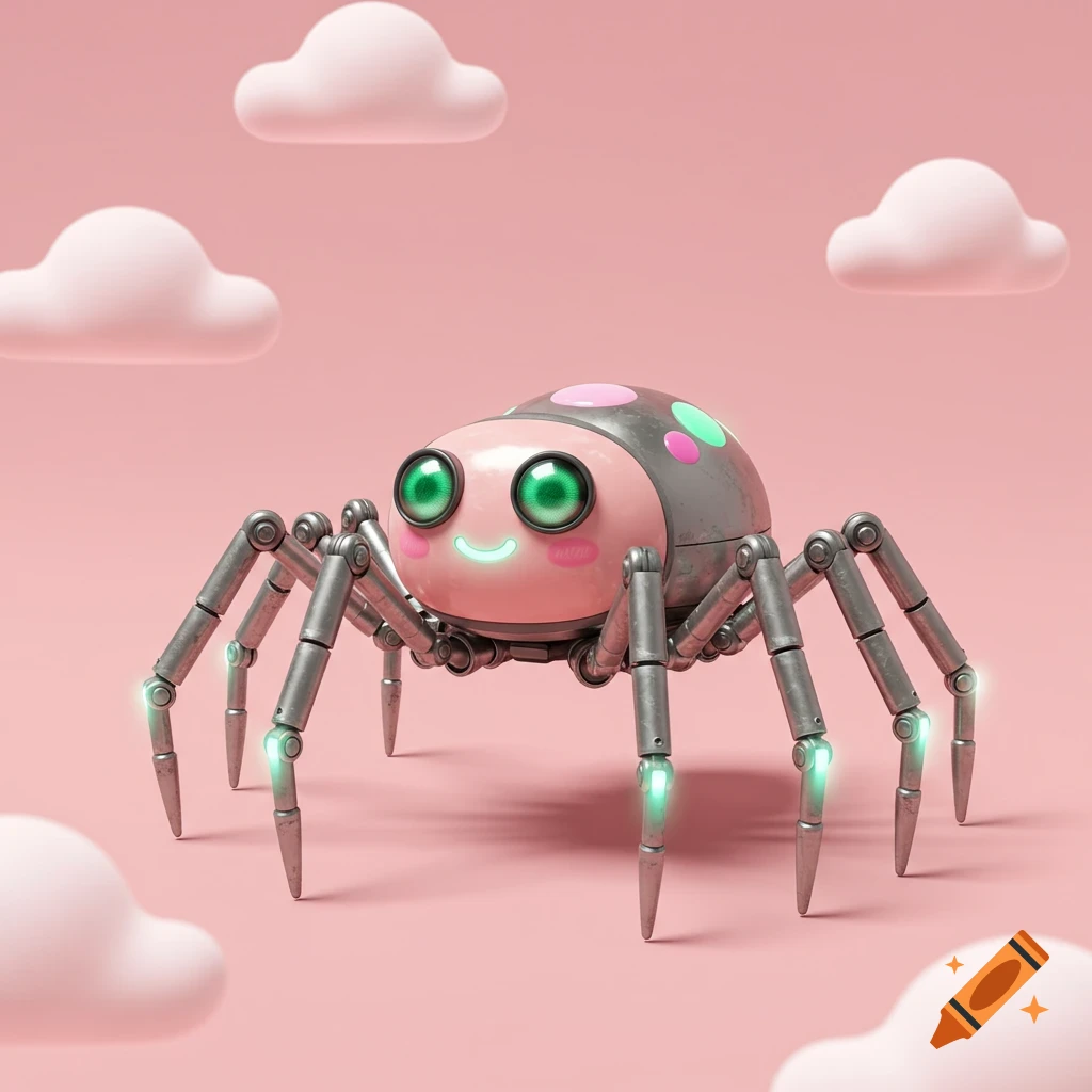 A cute pink and gray spider robot with big green eyes on a pink background with clouds.