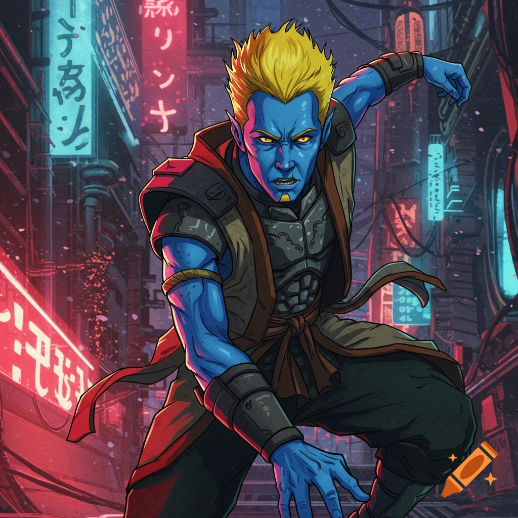 Blue-skinned character with yellow hair crouching in a neon-lit cyberpunk city street, 1990s anime style.
