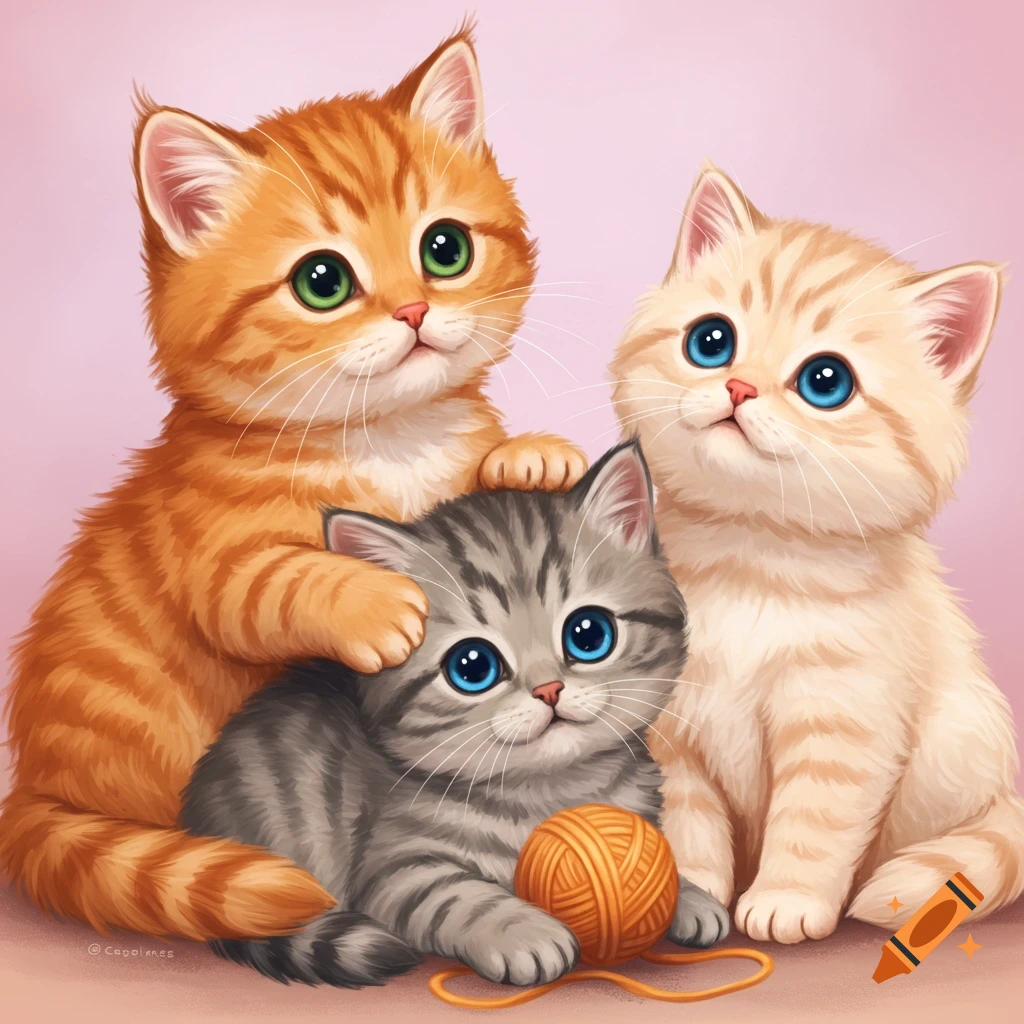 Three cute kittens with big eyes and a ball of yarn.