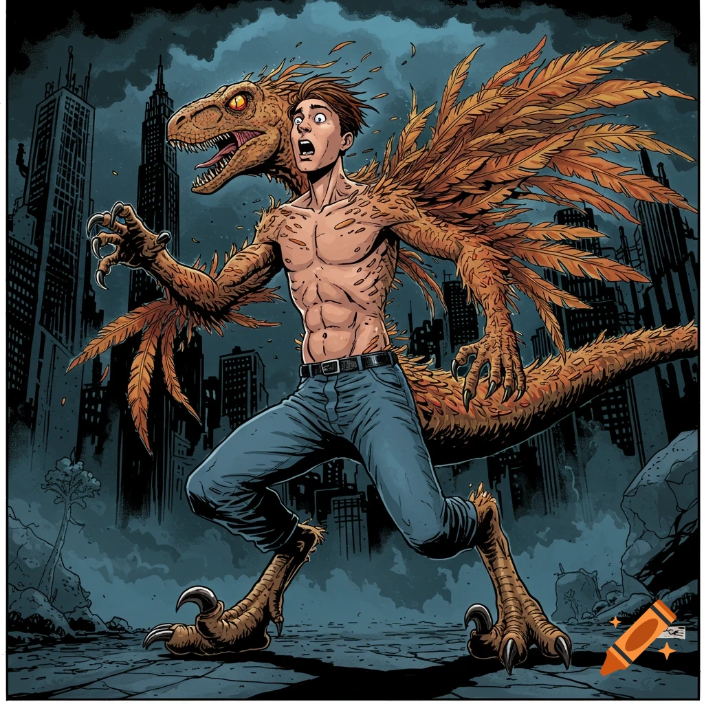 Comic book style image of a person transforming into a feathered raptor running through a city street at night.
