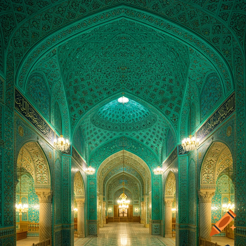 Interior of a grand mosque or palace with turquoise tiles and golden patterns