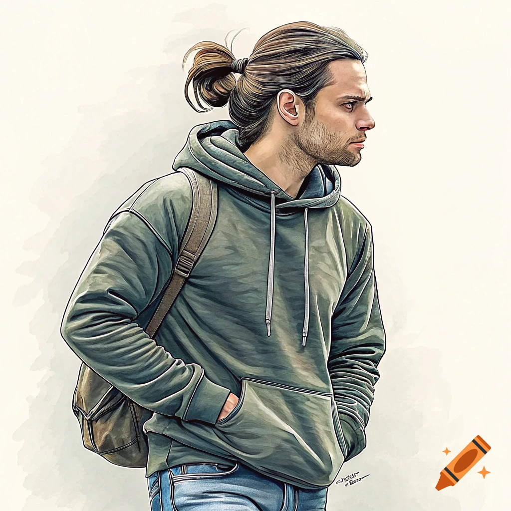 Illustration of a man with a ponytail wearing a hoodie and backpack