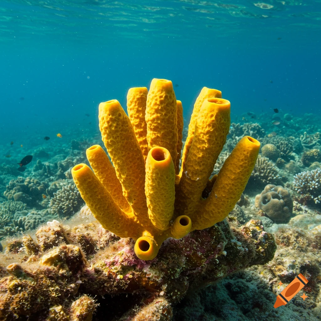 A vibrant yellow tube sponge on a coral reef underwater.