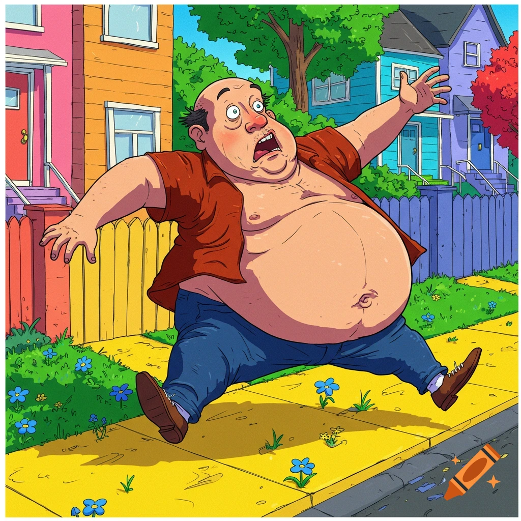 Person, Man, Muscular, Slightly Overweight, Bald With a Short Mustache and  a Short Goatee, Rounded Face, White T Shirt With Green Sleeves, Not Tucked  Into Trousers, Green Trousers, Wide, Mid Thigh Length,