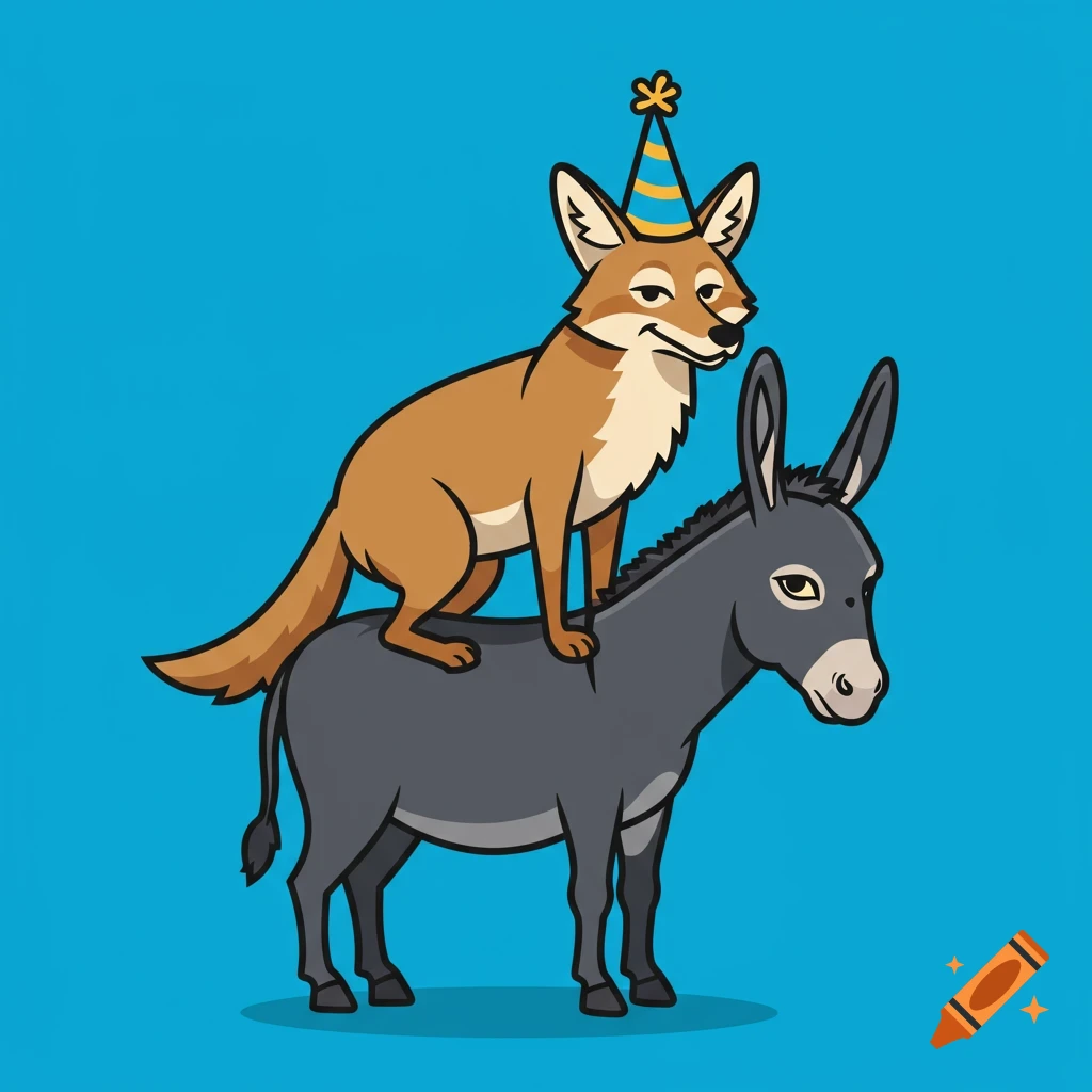 A cartoon coyote wearing a party hat rides a dark grey donkey.