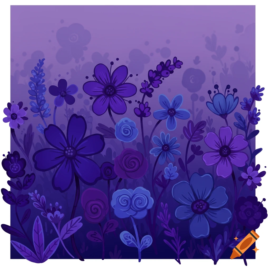 A field of blue and purple cartoon flowers.