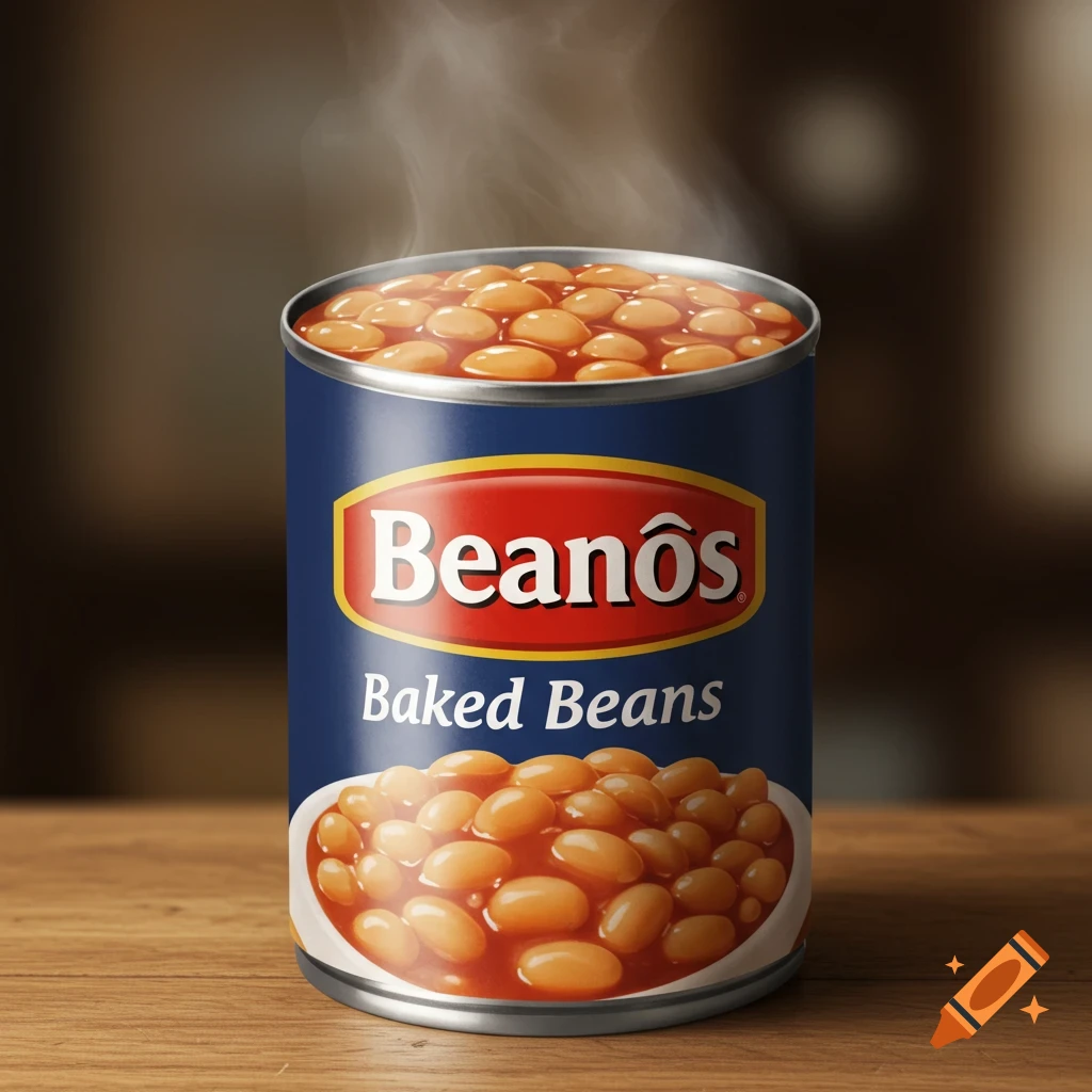 A can of Beanos Baked Beans with steam rising on a wooden surface.