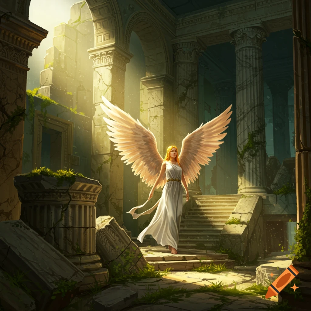 An angel with large wings stands in ancient ruins bathed in light.