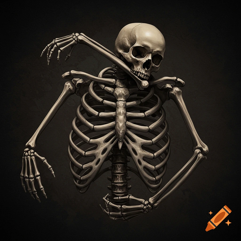 A skeleton ribcage with arms and skull on a dark background