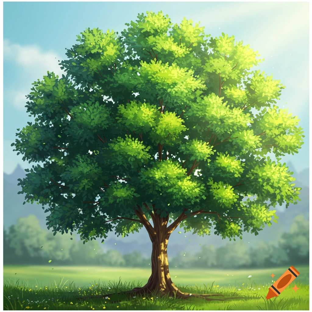A lush green tree stands in a sunny field.