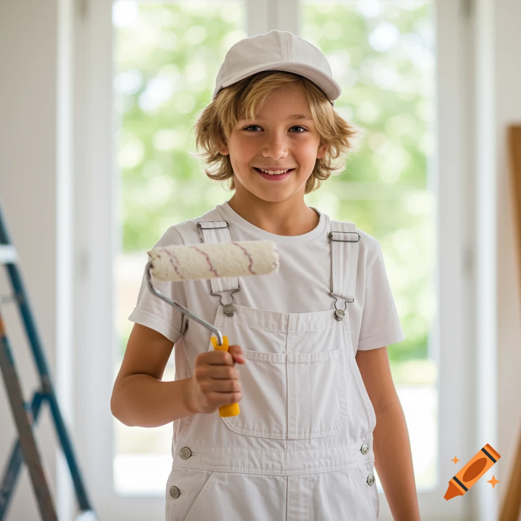 A smiling boy in white overalls and cap holds a paint roller.