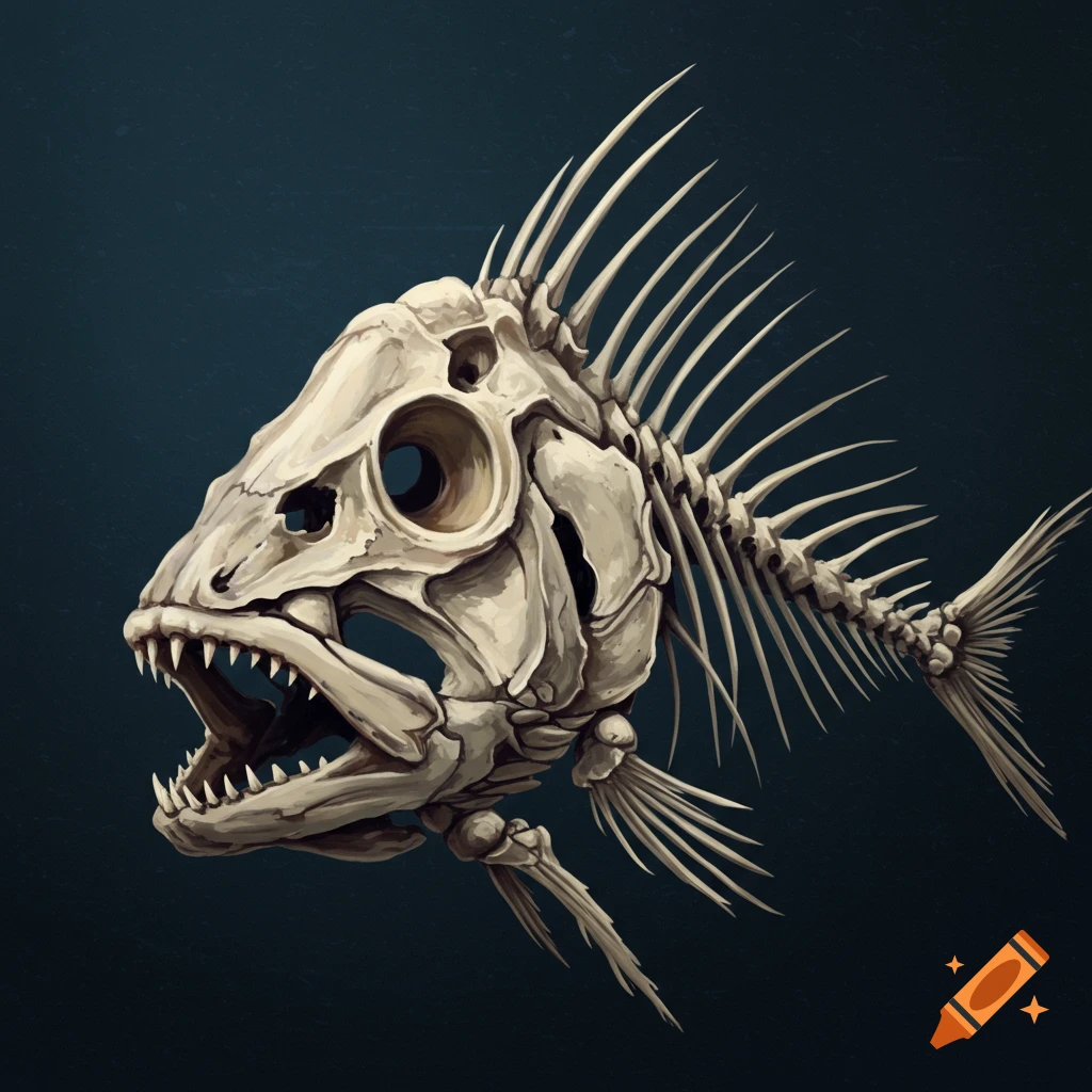 A detailed digital illustration of a fish skeleton against a dark blue background.