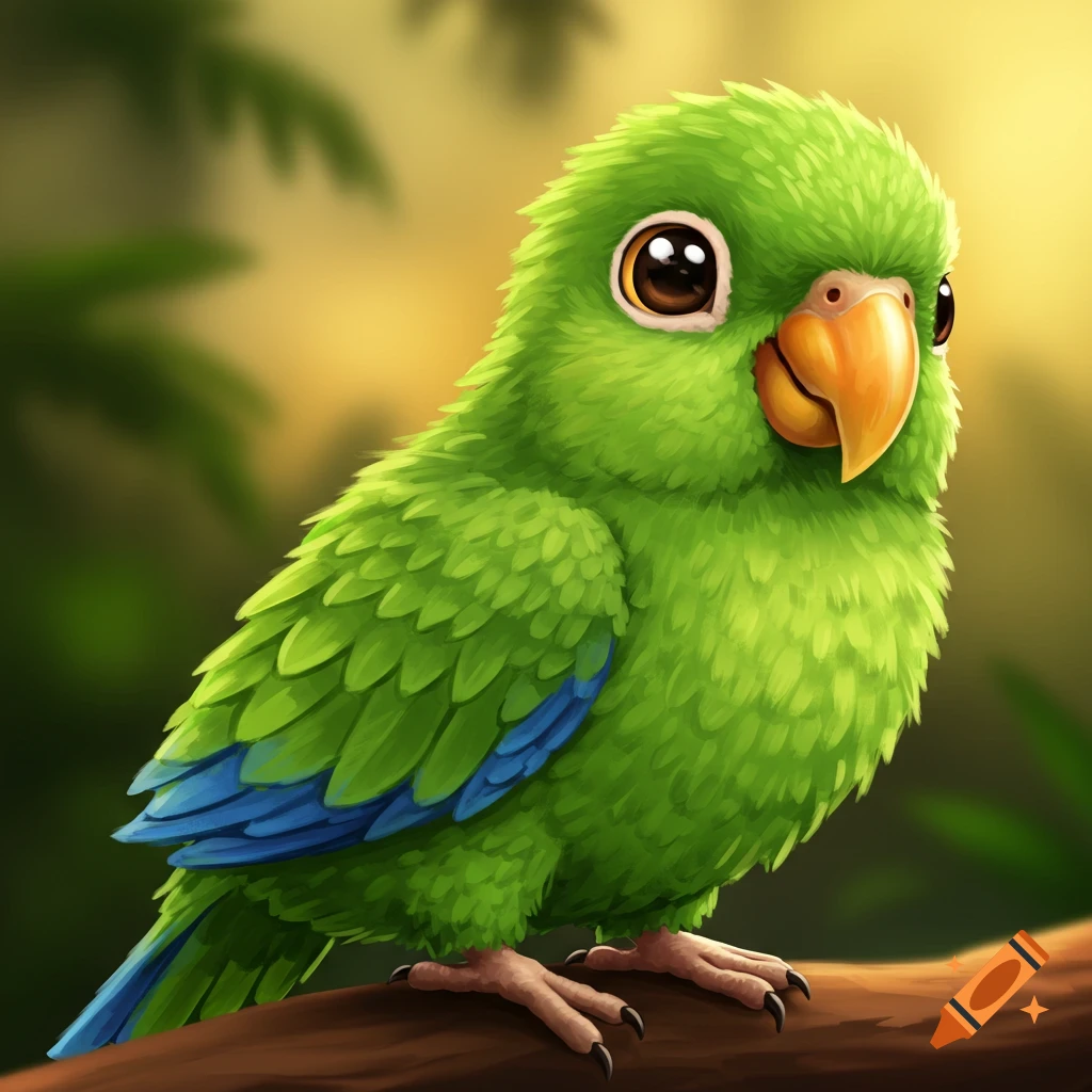 A cute green cartoon parrot perched on a branch.
