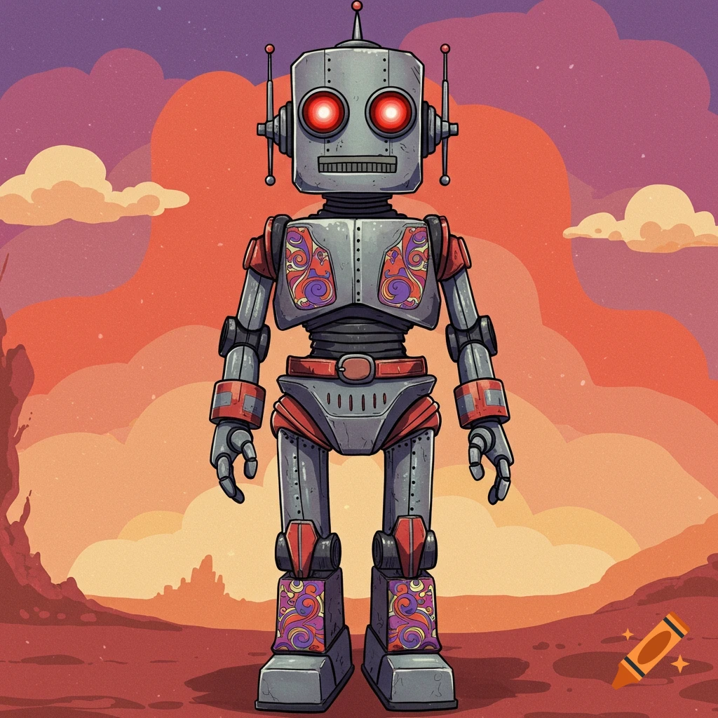 A retro humanoid robot stands in a sunset landscape.