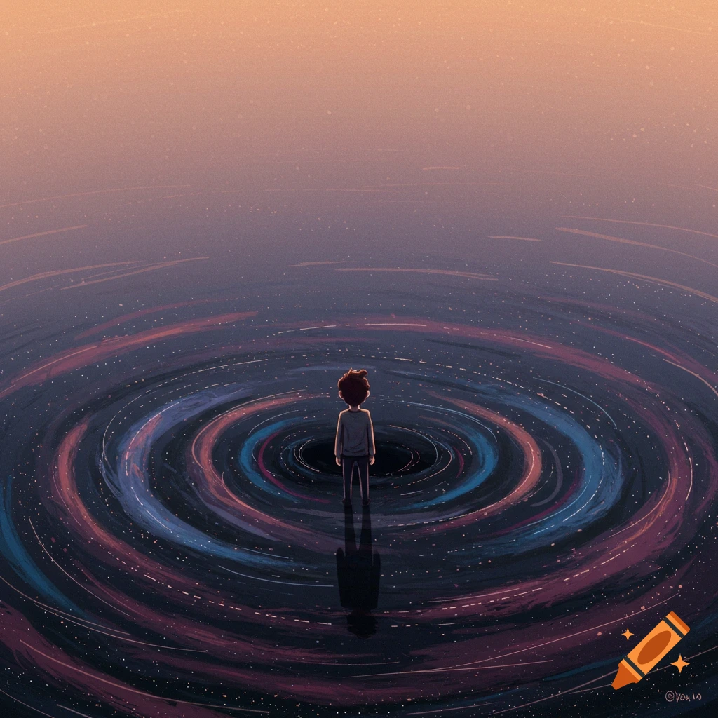 A person stands facing a swirling cosmic vortex.