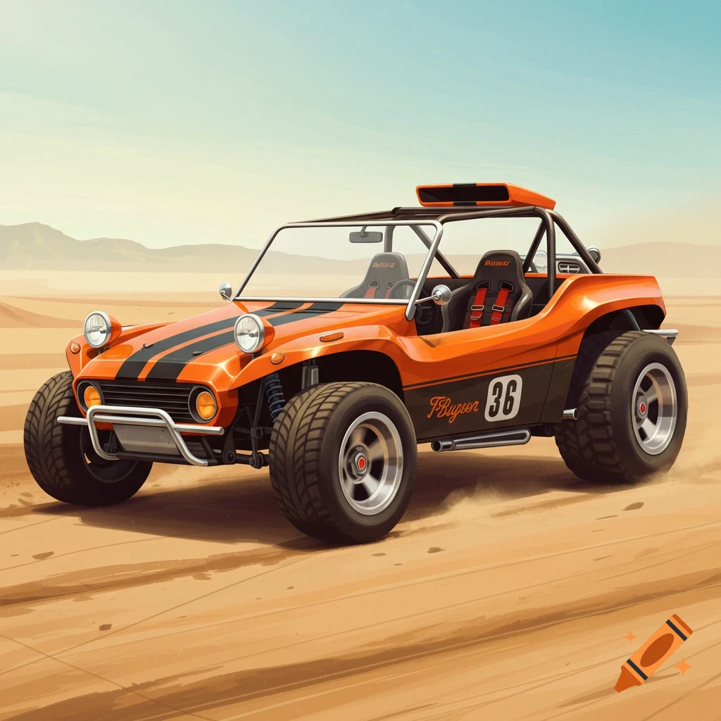 An orange and black dune buggy with number 36 is driving on sand.