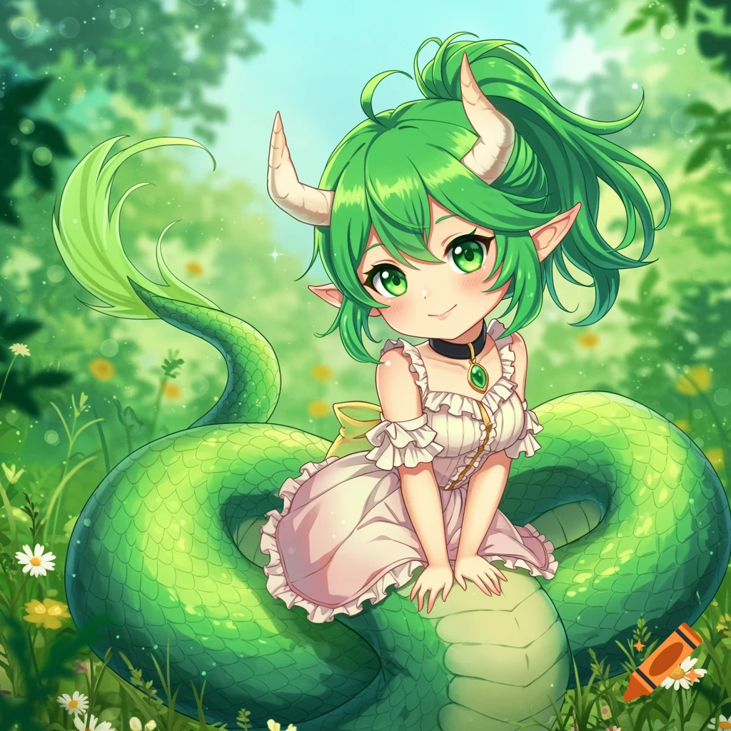 Cute Anime Lamia Character With Green Hair And Snake Tail Sits In A Cute anime lamia character with green hair and snake tail sits in a