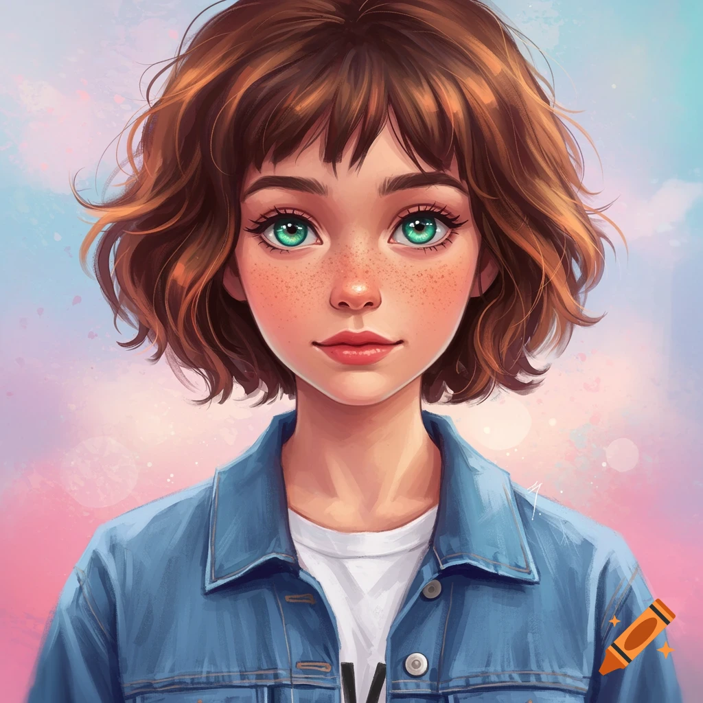 A young girl with short brown hair, green eyes, and freckles wearing a denim jacket.