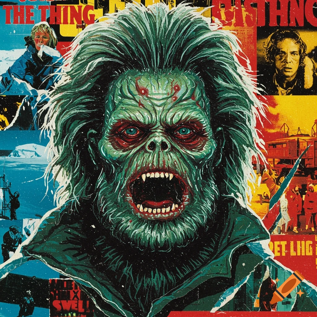 Collage poster for John Carpenter's 'The Thing' featuring a green monster face and movie scenes.