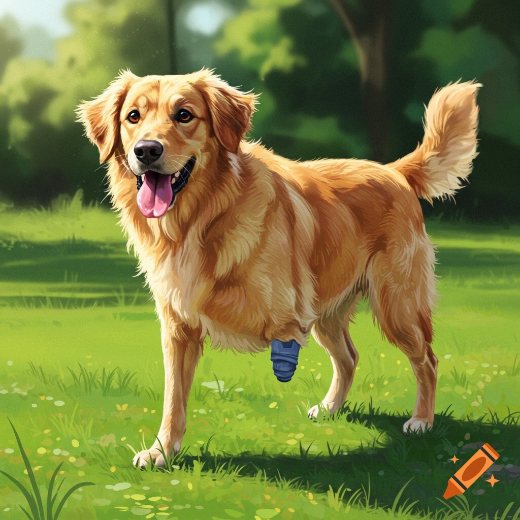A Golden Retriever dog with a blue prosthetic leg standing in a sunny park.
