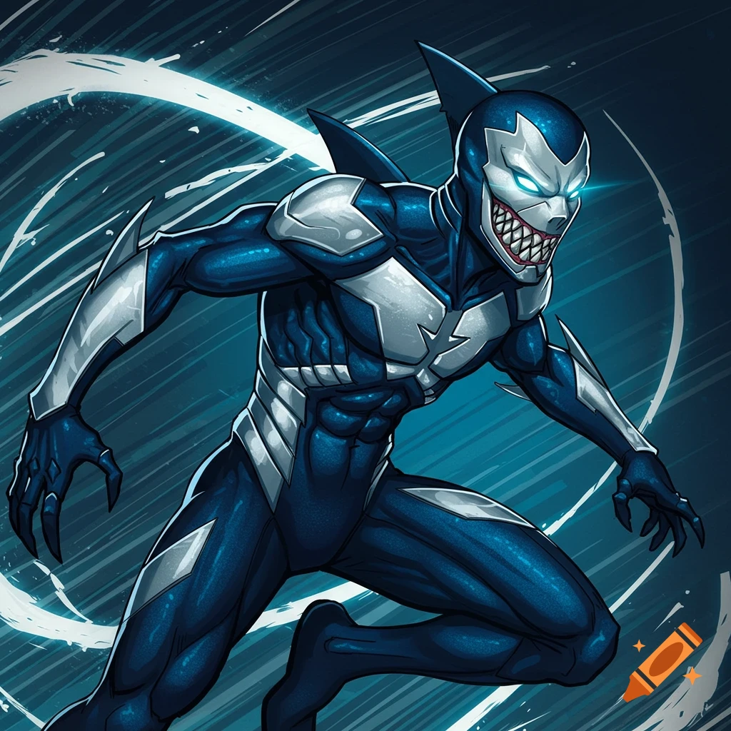 A blue and white shark-themed superhero suit with glowing eyes.