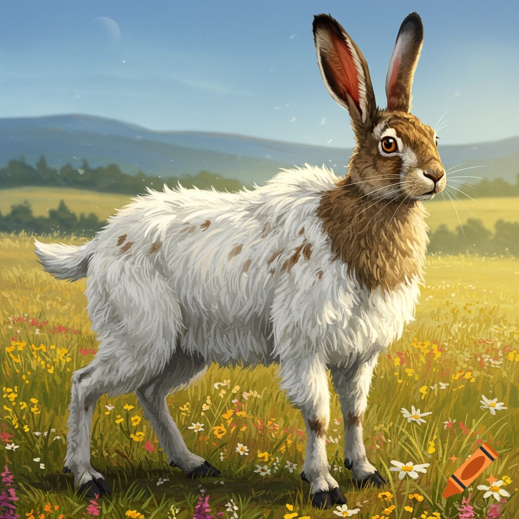 A goat-hare hybrid standing in a field of flowers.
