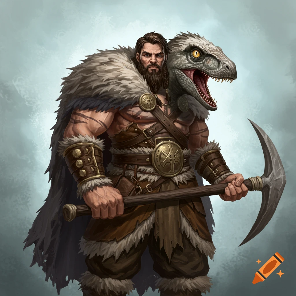 A barbarian with a raptor head on his shoulder holding a pickaxe.