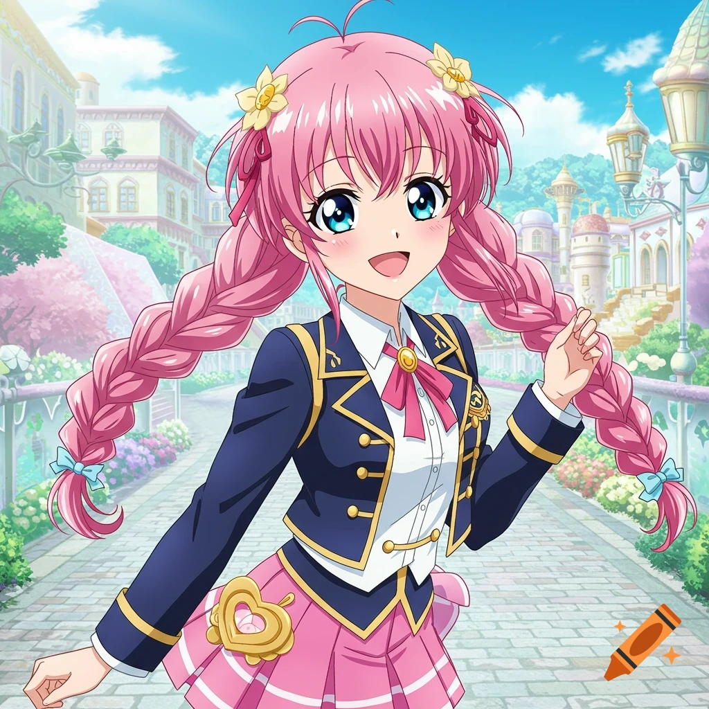 Anime girl with pink pigtails in a school uniform walks on a street.