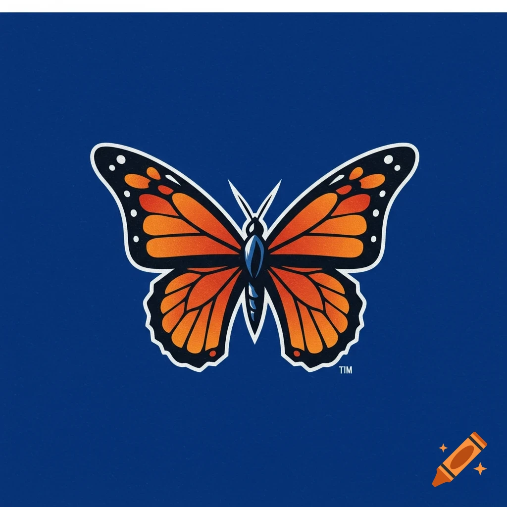 A stylized orange and black butterfly logo on a blue background.