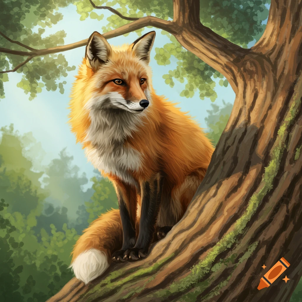 A red fox sits on a tree branch in a forest.