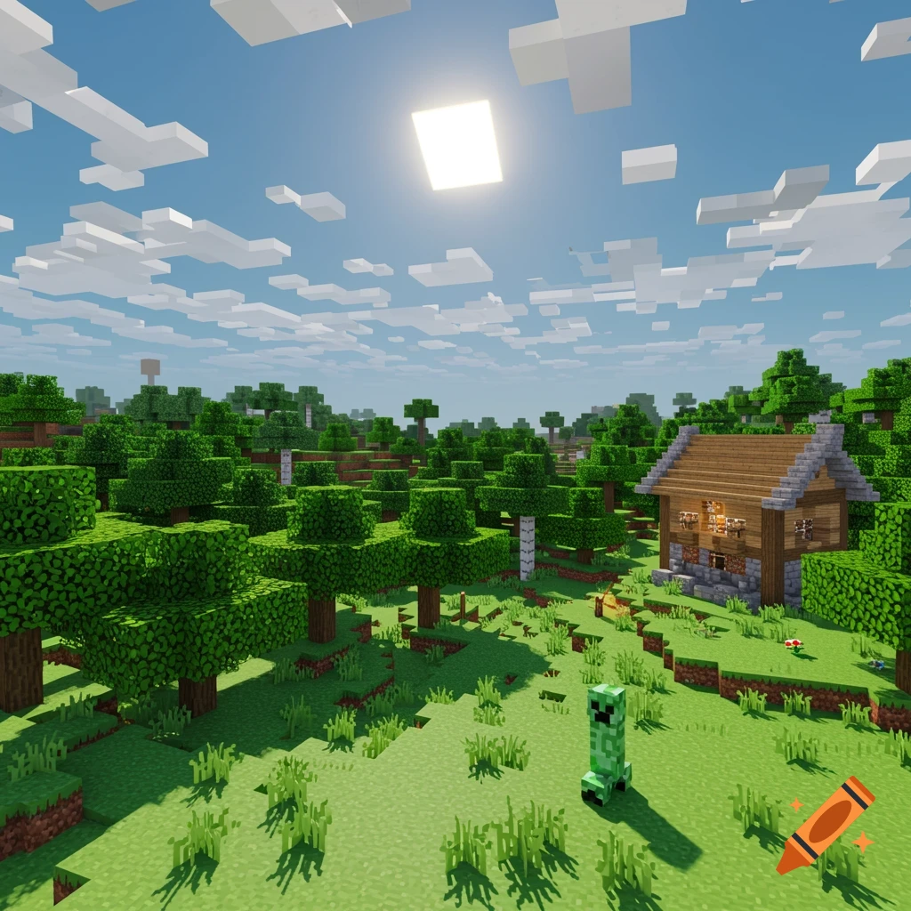Pixelated Minecraft landscape with a log house, trees, sunlight, clouds, and a creeper.
