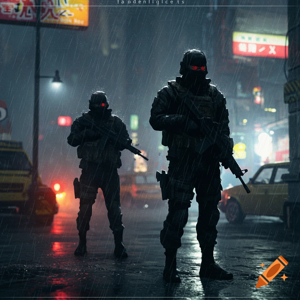 Digital illustration of two figures in tactical gear with weapons in a rainy city street at night.